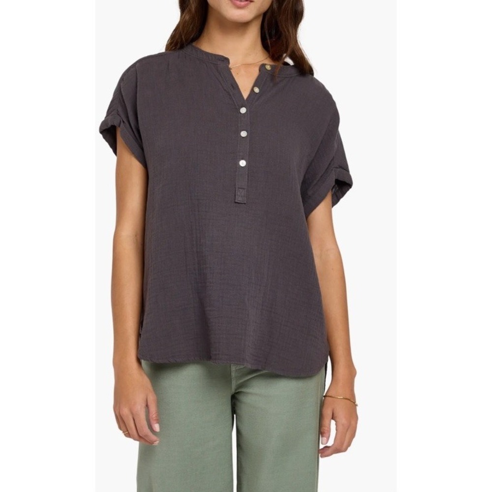 Faherty Dream Desmond Top Small Washed Black Organic Cotton Gauze Henley Coastal